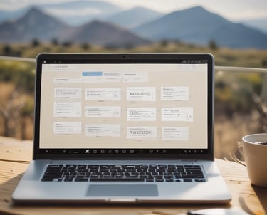 Close-up of a marketing consultant analyzing colorful data charts on a laptop with a backdrop of sunlit mountain peaks.