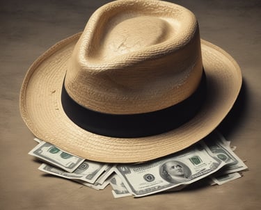 A worn straw hat next to a single, old yen bill on a rough surface, symbolizing hustle and minima