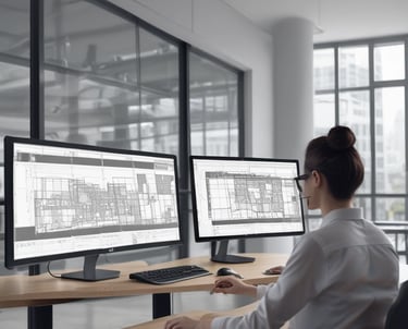 A black and white photo of a desk with two monitors