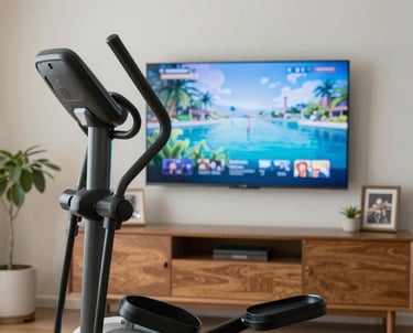 A compact elliptical machine positioned near a window with natural light.