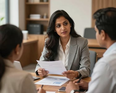 A professional South Asian woman in business attire explaining financial documents to a middle-aged Indian couple in a light-filled, premium office setting with warm wood furniture.