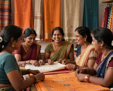 A group of South Asian women laughing and working together in a vibrantly colored boutique textile studio, bright orange and beige fabrics in the background, warm natural lighting.