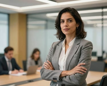 A professional South American woman delivering a confident presentation in a modern conference room, blurred office background with gold and steel blue accents, professional lighting.