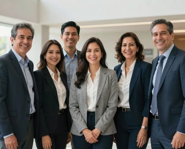 A group of professional South American colleagues standing together and smiling in a bright, modern corporate atrium, representing team unity and success.