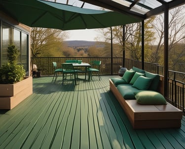 A lush green deck surrounded by trees, showcasing natural wood tones and peaceful ambiance.