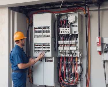 Electrician inspecting a commercial electrical panel in a New York City building.