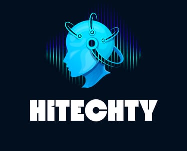 HITECHTY logo with blue tech head and digital signal bars on dark background.
