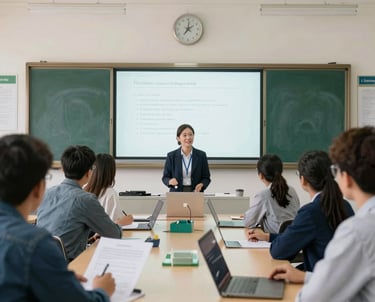 A teacher giving a presentation to students in a modern classroom using an interactive whiteboard and laptops.