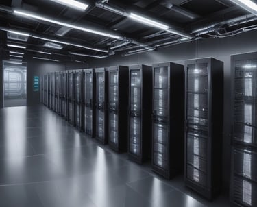 A sleek, modern office workspace with dual monitors displaying cloud infrastructure diagrams and AI automation workflows.