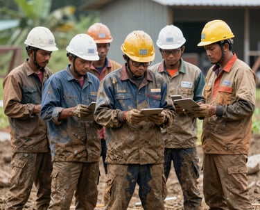 Construction workers collaborating on an industrial site with heavy machinery in the background.
