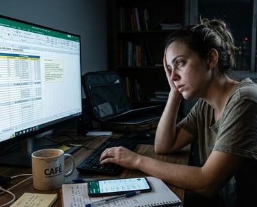 Autônomo cansado trabalhando até tarde da noite conferindo planilhas e extratos bancários no celular.