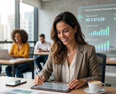 Empreendedor focado no crescimento da empresa com um dashboard financeiro automatizado trabalhando em segundo plano.