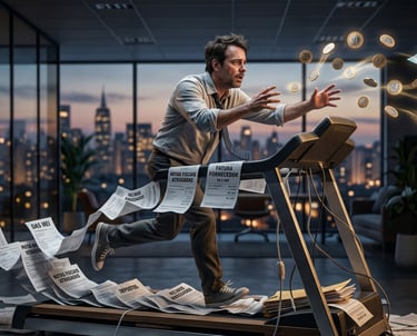 Empreendedor MEI exausto correndo em uma esteira de contas a pagar, ilustrando a sensação de trabalhar muito e o dinheiro