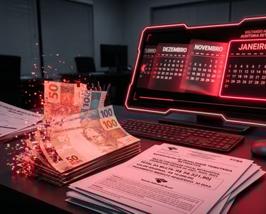Calendário digital retrocedendo para janeiro com dinheiro virando multas, representando a cobrança do imposto retroativo MEI.