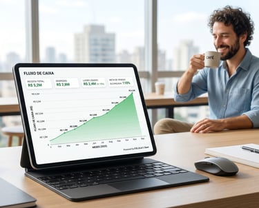 MEI 2026,  Dashboard claro e organizado do F.R.I.D.A.Y. Start separando contas pessoais e criando um fluxo de caixa simples