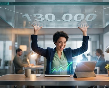 Empresário comemorando aumento de faturamento sob um teto de vidro rachado, ilustrando o limite do MEI de 130 mil e o risco 