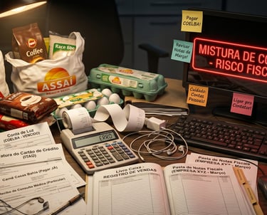 Mesa desorganizada misturando contas pessoais e despesas da empresa, o principal erro financeiro, MEI 2026