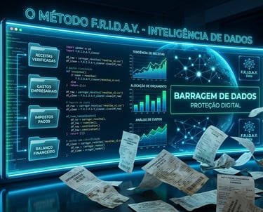 Dashboard tecnológico da Finanças cruzando dados financeiros com algoritmos para proteger a declaração de impostos.