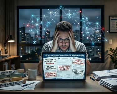 Profissional estressado preenchendo a declaração do Imposto de Renda no computador com o risco da malha fina digital