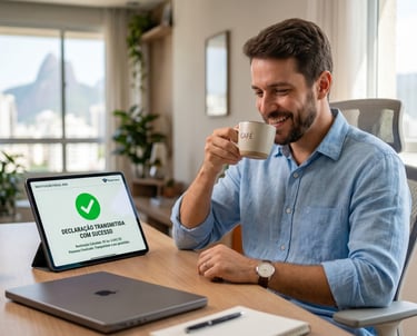 Contribuinte sorrindo com café na mão após enviar a declaração do Imposto de Renda auditada com sucesso e sem erros.