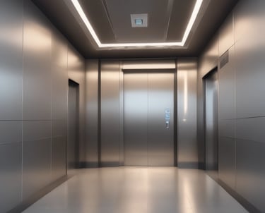 Modern lift cabin interior with polished metal and soft lighting.