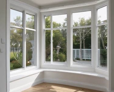 Close-up of sleek aluminum window frames with clear glass reflecting sunlight.