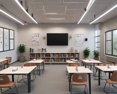 A sleek, modern workspace bathed in golden light, featuring a high-tech device alongside calming natural elements like plants and soft fabrics.