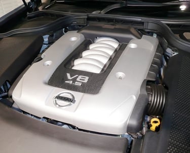 Nissan V8 engine bay showing high-performance engine components