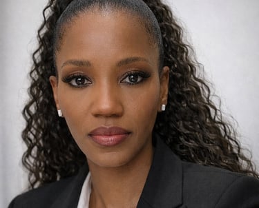 Professional portrait of a black woman with long curly hair in a high ponytail wearing a black blazer.