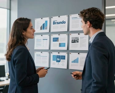 Two professionals in a modern North American office discussing a series of branding concepts pinned to a gray-blue accent wall.