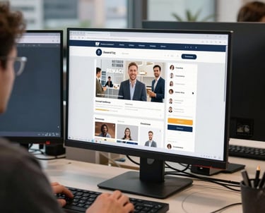 A designer at a desk with two monitors in a North American city office, the screen showing a complex social media campaign layout.