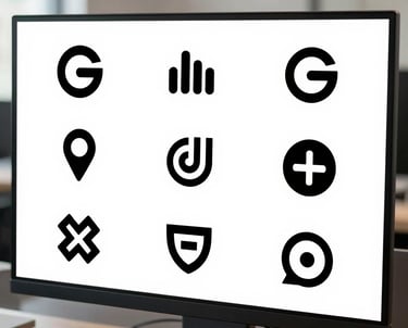 A collection of minimalist logos displayed as a grid on a bright white monitor in a clean, professional North American office space.
