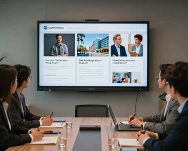 A contemporary meeting room in a North American agency with a large screen showing a high-impact social media creative for a client.