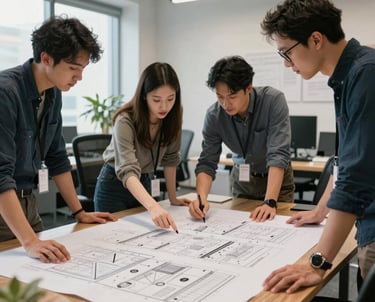 A group of four designers in a creative North American office collaborating on a large physical layout plan for a client's rebrand.