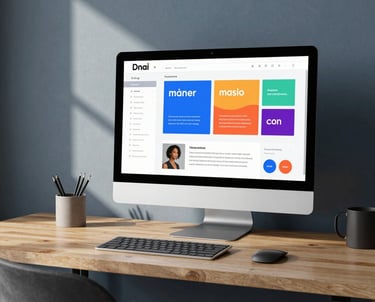 A minimalist workspace in a North American home office featuring a large monitor displaying a colorful brand identity project, soft morning light hitting the slate blue wall.