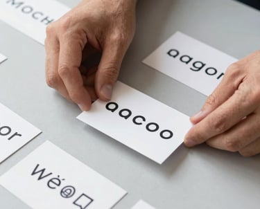 A designer's hands arranging a set of printed brand cards on a light gray surface, showcasing consistent typography and minimalist icons.