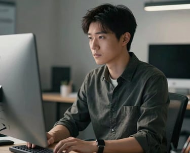 A portrait of a professional graphic designer working at a high-end computer in a modern North American studio, focused expression, cinematic side lighting.