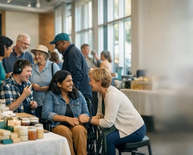 Inclusive market Kelowna with neurodivergent entrepreneurs showing their products