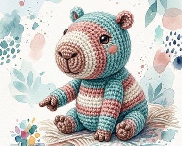 Un lindo juguete de peluche capybara de ganchillo con rayas azules y rosas en un estilo acuarela.