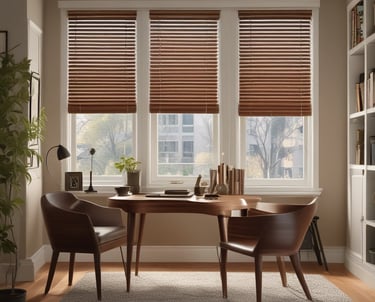 Installer gently fitting a timber venetian blind in a sunlit living room with sage green accents.