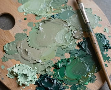A detailed photography shot of an artist's palette with thick oil paint in shades of sage green, taupe, and deep forest green, with a professional paintbrush resting nearby, North American setting.