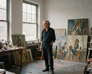 A wide-angle professional photograph of a mature artist in a sophisticated North American loft studio, surrounded by large oil canvases and jewelry tools, bathed in soft, natural morning light.