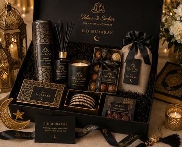Luxury Eid Mubarak gift hamper featuring a scented candle, reed diffuser, gourmet chocolates, and dates in elegant black and
