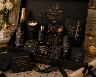 Luxury black and gold graduation gift basket with sparkling wine, scented candle, chocolates, and notebook.