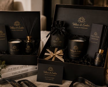 Luxury Velour and Ember home fragrance gift sets featuring scented candles and reed diffusers in elegant black boxes.