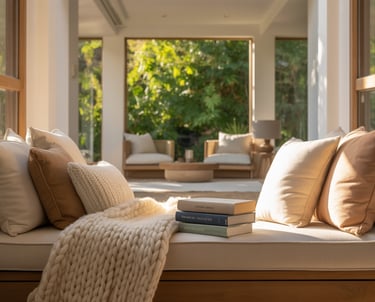 A stunning editorial interior photograph showcasing a built-in window reading nook as the central fo