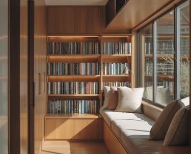 A small ADU interior showing a clearly defined reading nook built into the main living space, featur