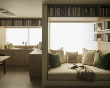 A small ADU interior showing a clearly defined reading nook built into the main living space, featur
