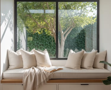 An ADU interior showing different possible reading nook placements, window corner, loft edge, and wa