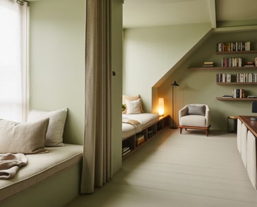 An ADU interior showing different possible reading nook placements, window corner, loft edge, and wa